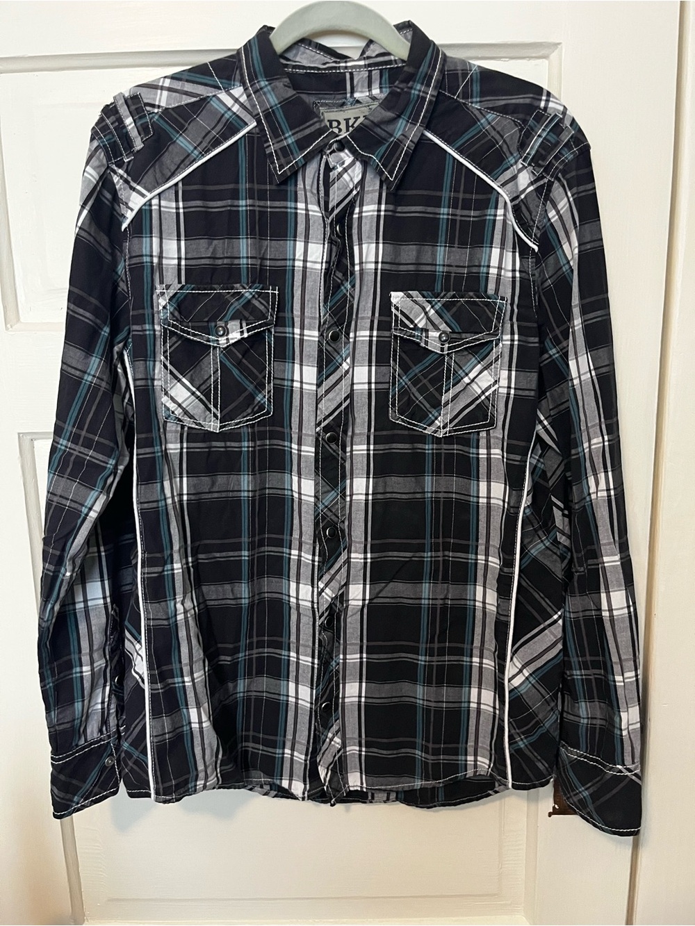BKE Western Plaid Long Sleeve Button Up Shirt Black White Blue Accent